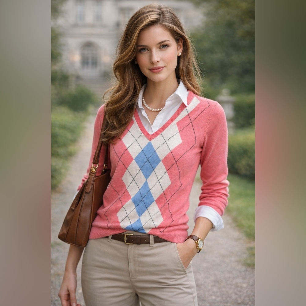 Kate Lord Coral V-Neck Lightweight Argyle‎ Sweater Preppy Academia Golf